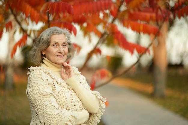 Ritratto di donna anziana nel parco in autunno