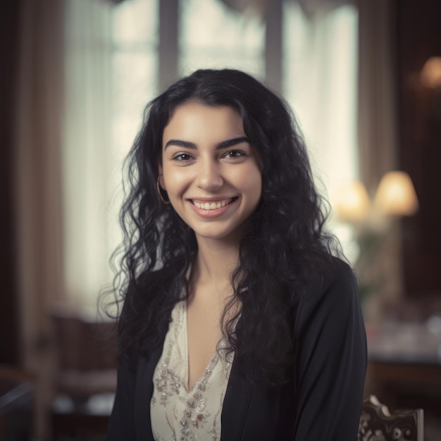 Ritratto di donna araba egiziana con sorriso di capelli neri e faccia felice