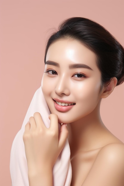 Ritratto di donna asiatica di bellezza con una pelle del viso perfettamente sana e luminosa