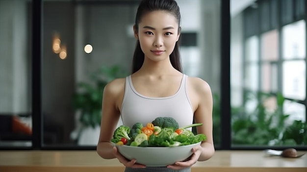 Ritratto di donna attraente asiatica carina tenere insalatiera e guardare la fotocamera
