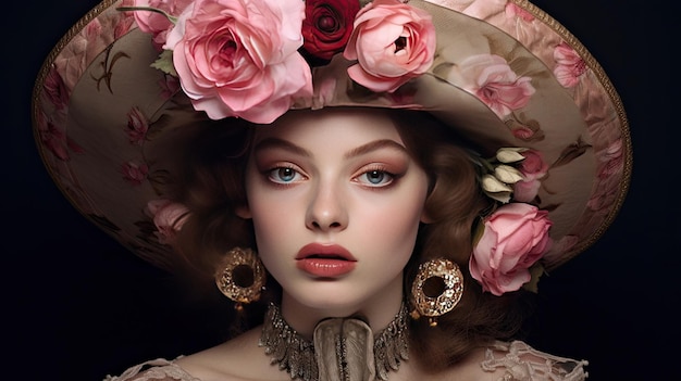 Ritratto di donna barocca che indossa cappello con fiori