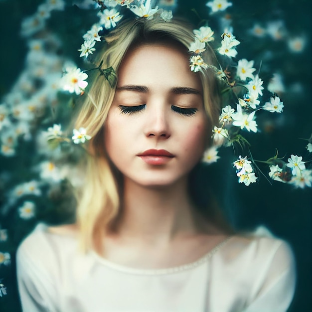 Ritratto di donna bionda con occhi chiusi e fiori in background 3d rendering