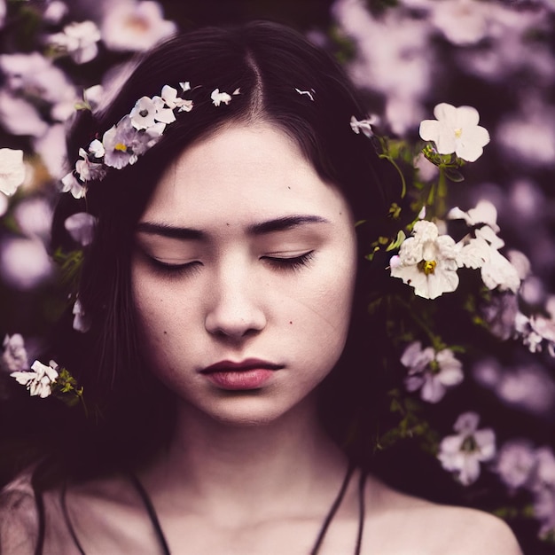 Ritratto di donna bruna con occhi chiusi e fiori in background 3d rendering
