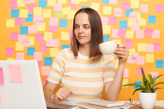 Ritratto di donna calma e rilassata in maglietta a righe in piedi isolata su sfondo giallo coperto di carte memo seduto davanti al computer portatile sul suo posto di lavoro tenendo tazza di caffè o tè