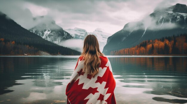 Ritratto di donna canadese in Canada Vista posteriore sullo sfondo delle montagne e della natura generato dall'intelligenza artificiale