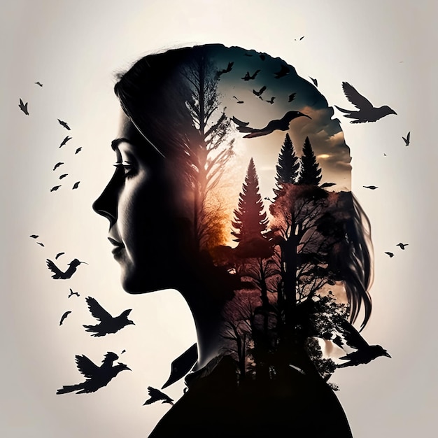 Ritratto di donna con doppia esposizione e con gli alberi e gli uccelli in volo. IA generativa persona inesistente