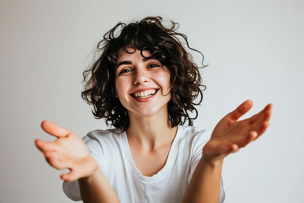 ritratto di donna con le mani aperte su uno sfondo bianco isolato