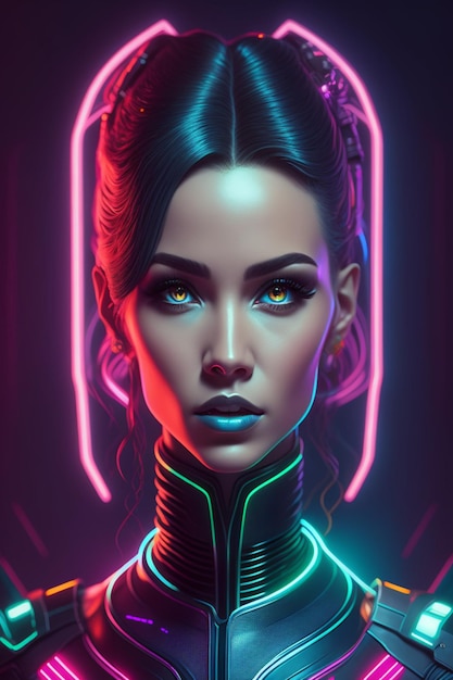 Ritratto di donna cyberpunk in stile neon futuristico