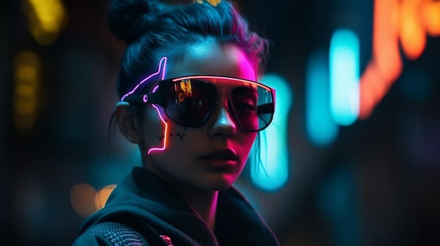 Ritratto di donna cyberpunk in stile neon futuristico
