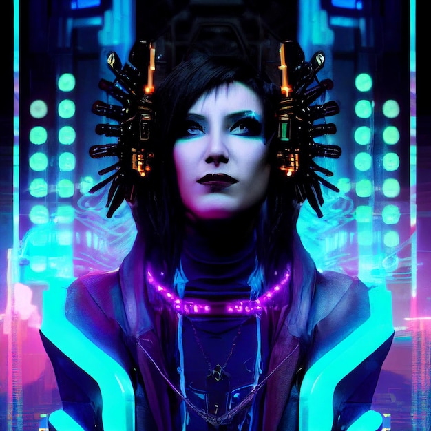 Ritratto di donna cyberpunk in stile neon futuristico