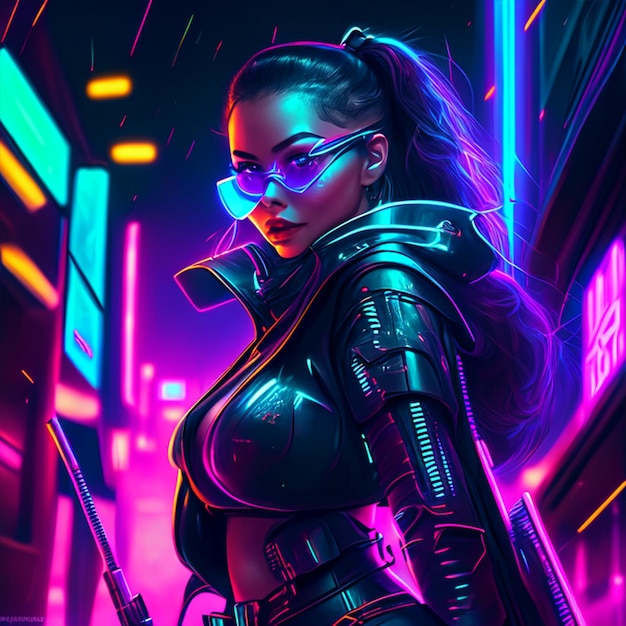 Ritratto di donna cyberpunk in stile neon futuristico