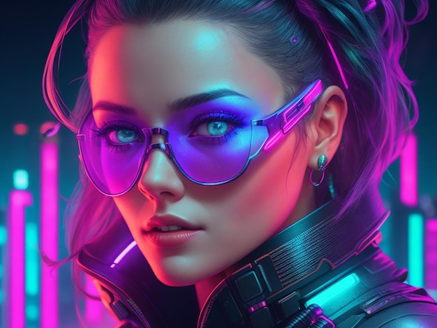 Ritratto di donna cyberpunk in stile neon futuristico