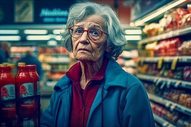 Ritratto di donna dai capelli grigi invecchiata con borsa in supermercato