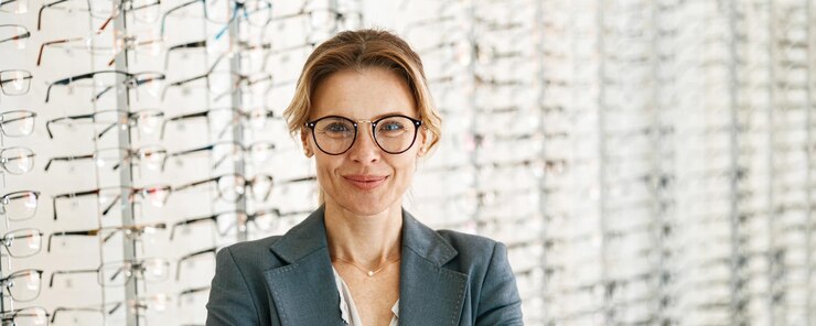 Ritratto di donna di mezza età con gli occhiali in negozio di ottica