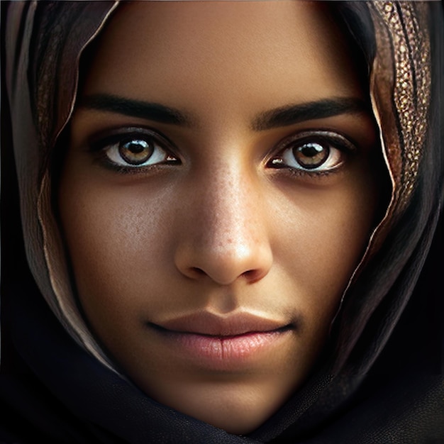 Ritratto di donna di origine araba dallo sguardo penetrante Indossa un turbante tra i capelli