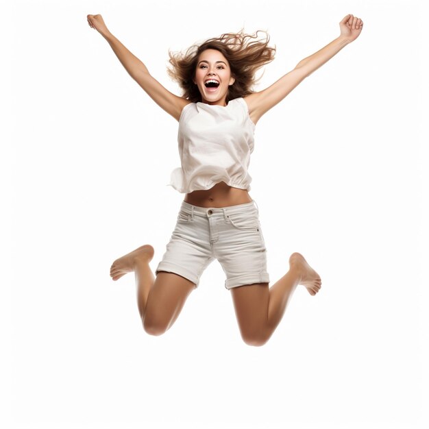 Ritratto di donna felice che salta di gioia in sfondo bianco