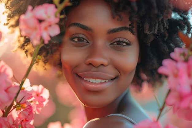 ritratto di donna felice in fiori all'aperto ai generato