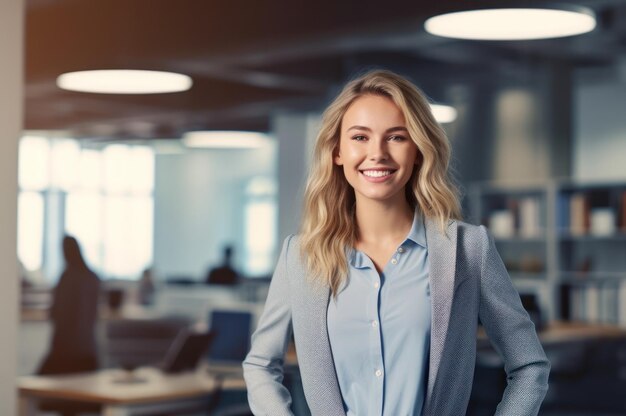 Ritratto di donna felice sorridente in piedi nello spazio ufficio moderno