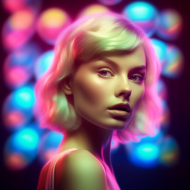 ritratto di donna futuristica stile capelli corti luce al neon brillante