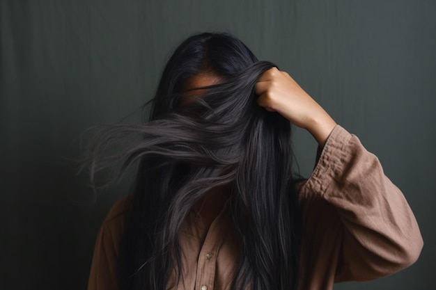 Ritratto di donna indiana che copre il viso con i capelli