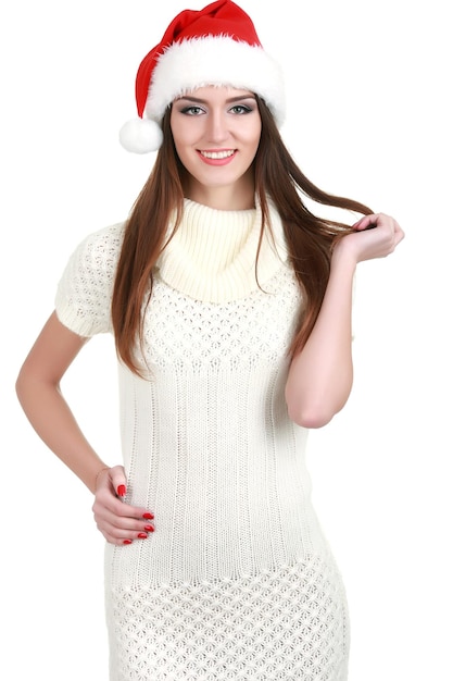 Ritratto di donna isolato cappello di Babbo Natale Sorridente ragazza felice su sfondo bianco