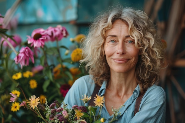 Ritratto di donna matura felice con fiori all'aperto ai generato