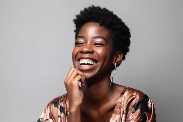 Ritratto di donna nera e sorriso per la felicità e la fiducia della moda su uno sfondo bianco da studio