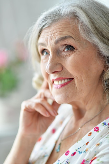 Ritratto di donna senior felice a casa