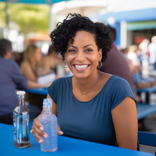 ritratto di donna sorridente con bicchiere blu di limonata al ristorante