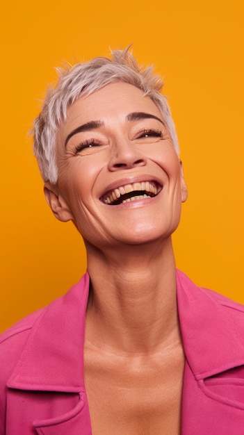 Ritratto di donna sorridente con corti capelli bianchi su sfondo arancione foto d'archivio