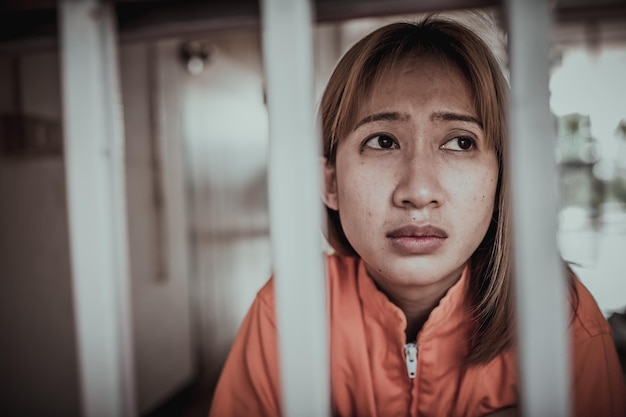 Ritratto di donne che cercano disperatamente di catturare il concetto di prigioniero della prigione di ferropopolo della TailandiaSpero di essere liberoSe la violazione della legge verrebbe arrestata e incarcerata