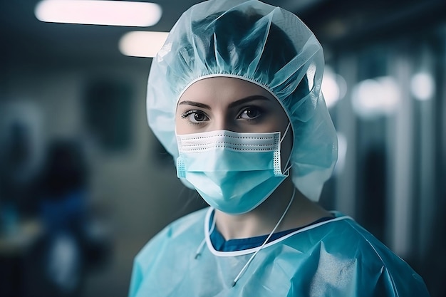 Ritratto di dottoressa in uniforme verde con cappuccio chirurgico e maschera protettiva