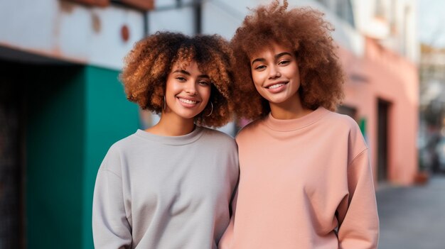 ritratto di due belle giovani ragazze afroamericane nella città estiva che sorridono e si abbracciano