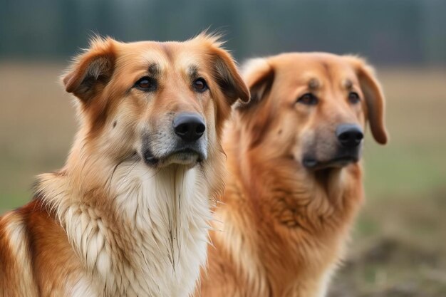 Ritratto di due cani che guardano la telecamera nel campo