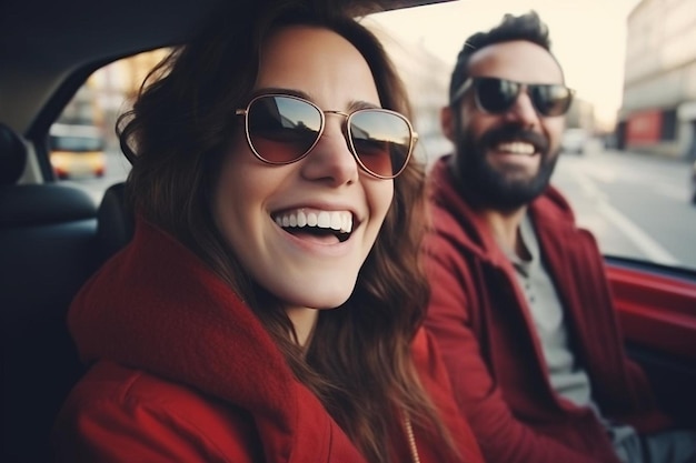 Ritratto di due giovani belle e sorridenti donne hipster in auto cabriolet