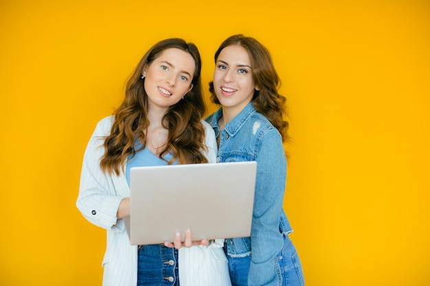 Ritratto di due giovani ragazze scioccate comedone che puntano il dito contro il computer portatile su giallo