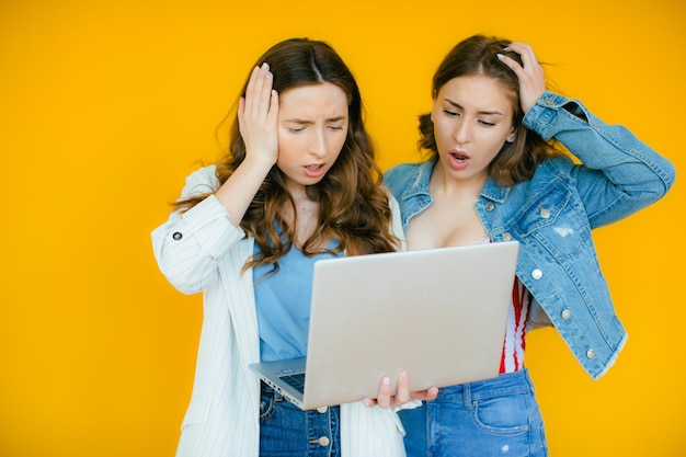Ritratto di due giovani ragazze scioccate comedone che puntano il dito contro il computer portatile su giallo