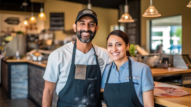 Ritratto di due imprenditori sorridenti in piedi insieme e accoglienti nel loro caffè alla moda Creato con la tecnologia Generative AI