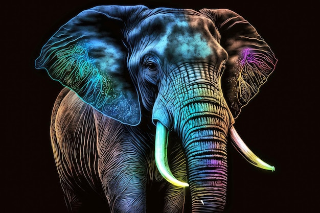 Ritratto di elefante in colori al neon su uno sfondo scuro illustrazione ai generativa