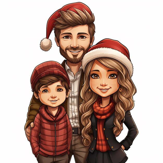 ritratto di famiglia di cartoni animati con cappello e sciarpa di Babbo Natale