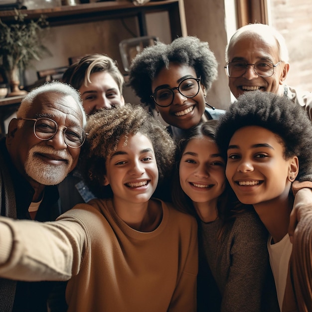 Ritratto di famiglia e selfie sulla diversità per supportare la sicurezza e il tempo di qualità o l'amore e la cura