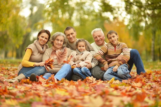 Ritratto di famiglia felice che si rilassa nella foresta autunnale