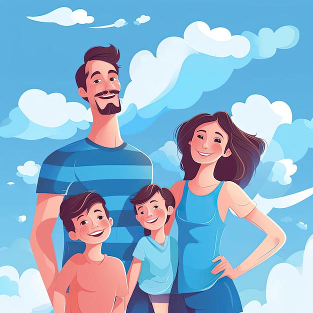 ritratto di famiglia illustrazione vettoriale piatta nello stile di cieli blu realistici