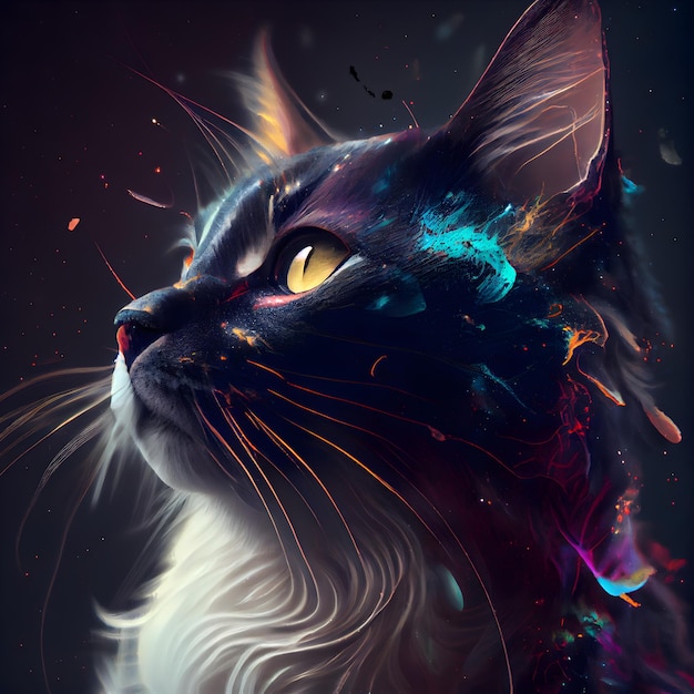 Ritratto di fantasia di un gatto con spruzzi di vernice multicolore