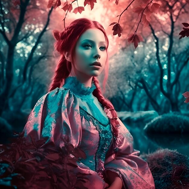 Ritratto di fantasia di una bella ragazza in una foresta di fantasia Fiaba