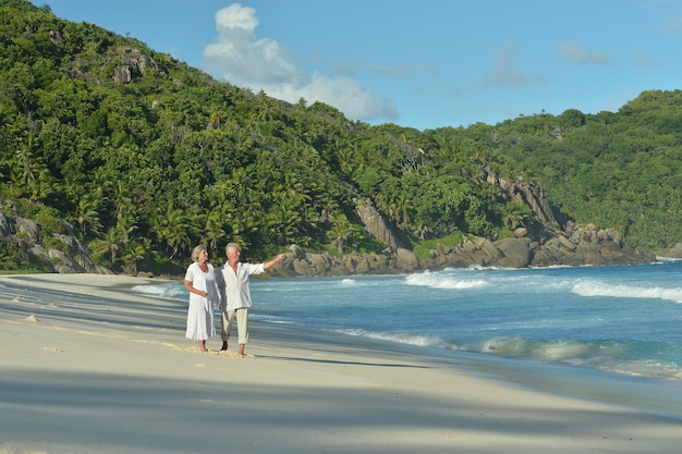 Ritratto di felice coppia di anziani che cammina sulla spiaggia tropicale
