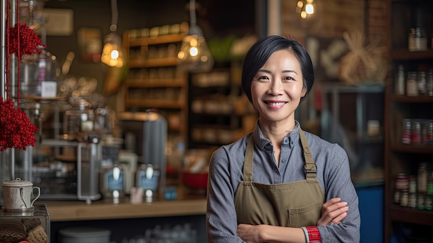 Ritratto di felice donna asiatica in piedi davanti alla porta del suo negozio Allegra cameriera matura in attesa di clienti al bar Proprietario di una piccola impresa Ai generativa