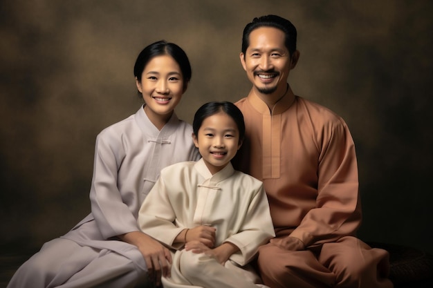Ritratto di felice famiglia asiatica che indossa abiti tradizionali su sfondo marrone