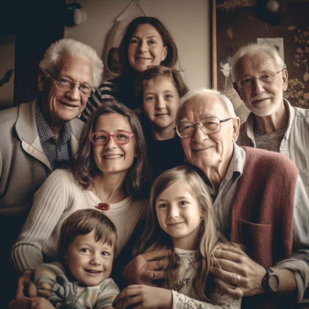 Ritratto di felice famiglia caucasica che si abbraccia a casa creato utilizzando la tecnologia generativa ai