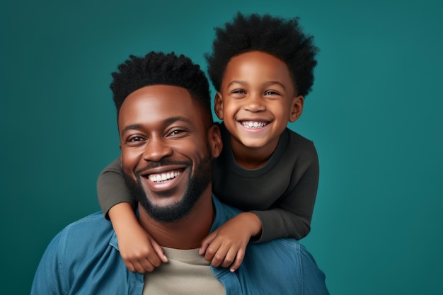 Ritratto di felice padre e figlio afroamericano su sfondo a colori Ai generato